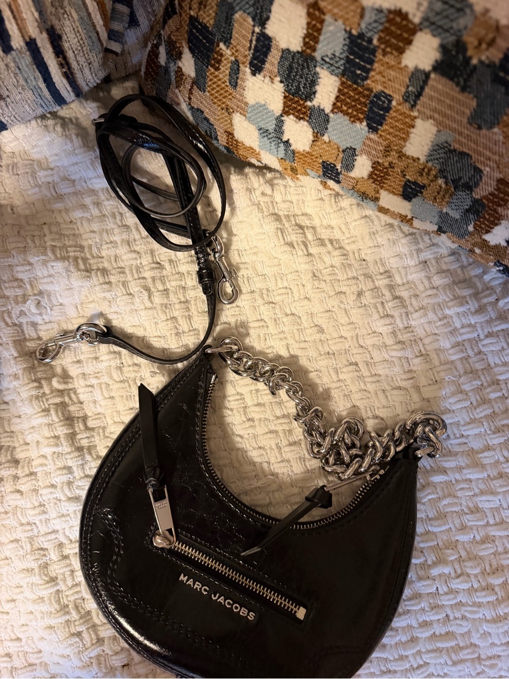 Marc Jacobs Black Patent Crescent Crossbody with Silver Chain